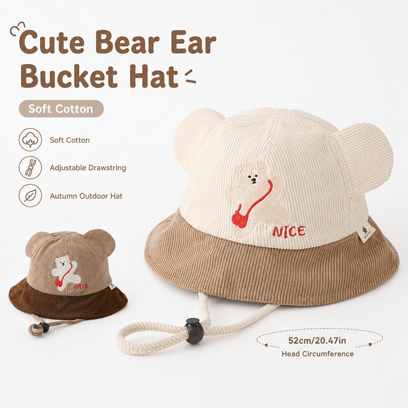 Bucket Hat Cotton - قبعة دلو للأطفال بتصميم أذن دب،